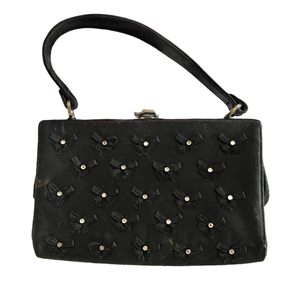 Mel Ton vintage Satin evening bag Purse Black Bow Crystal Applique Frame 50s